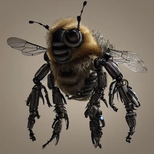 Prompt: A crisp 3d render of a robot Bee made of circuits wide view shot by ellen jewett, tomasz alen kopera
