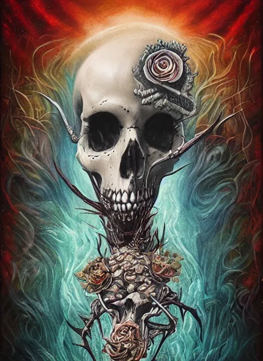 Image similar to queen of heats death tarot card, highly detailed, half skull face, cinematic, 8 k, bymegan duncanson, benjamin lacombe, naoto hattori, adrian borda, giger, trending on deviantart, hyper detailed, horror, full of colour