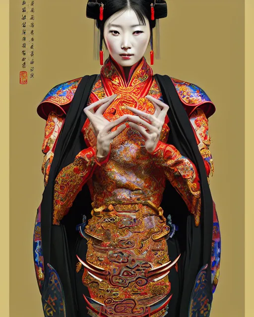 Image similar to portrait of a chinese cyberpunk machine, machine face, arms, upper half portrait, decorated with chinese opera motifs, regal, asian, fine china, wuxia, traditional chinese art intricate intense elegant 京 剧 highly detailed digital painting artstation concept art smooth sharp focus illustration, art by artgerm and greg rutkowski alphonse mucha 8 k