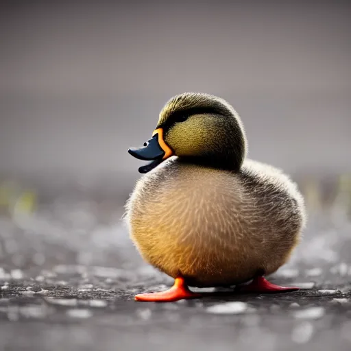 Image similar to a photo of a duck holding a knife with its beack, high quality, strong bokeh, 4k