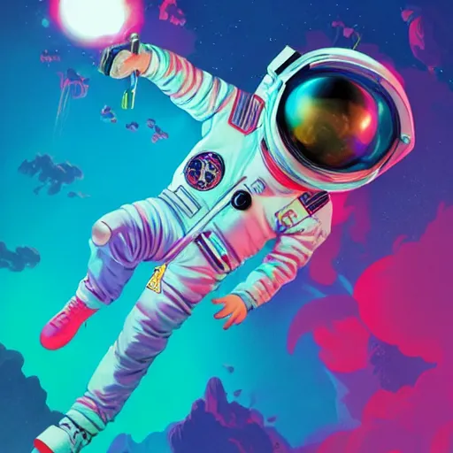 Image similar to a stylized portrait of a young boy as an astronaut with a ray-gun, stylized, arcane magic, magenta and turquoise vapor, vaporwave, vivid color, lens flare, volumetric light from above, background by liam wong, art by raymond swanland + marc simonetti + greg rutkowski + harumi hironaka