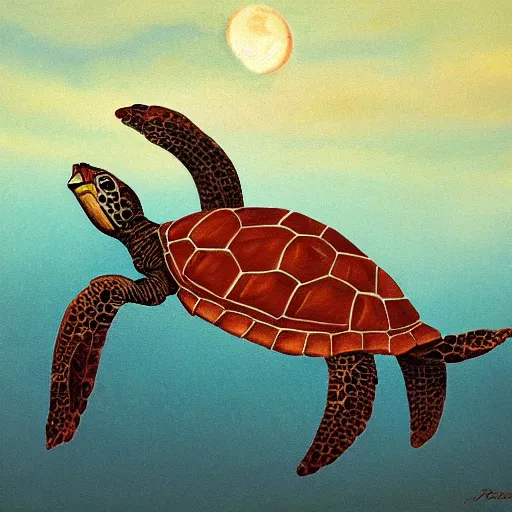 Image similar to a turtle flying over the moon, painting