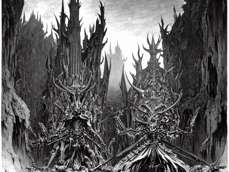 Prompt: A spiked horned semiork-semihuman skeleton with armored joints stands in a large cavernous throne room with a sword in hand. Massive shoulderplates. Extremely high details, realistic, fantasy art, solo, masterpiece, bones, ripped flesh, saturated colors, art by Zdzisław Beksiński, Arthur Rackham, Dariusz Zawadzki