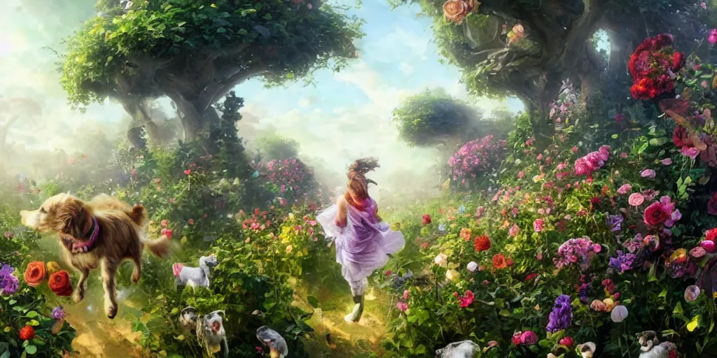 Image similar to portrait of a dog chasing sheep, running through a hedge garden of exotic flowers in the Mushroom Kingdom, giant mushrooms, and roses, from behind, streets, birds in the sky, sunlight and rays of light shining through trees, beautiful, solarpunk!!!, highly detailed, digital painting by Michael Garmash and Peter Mohrbacher