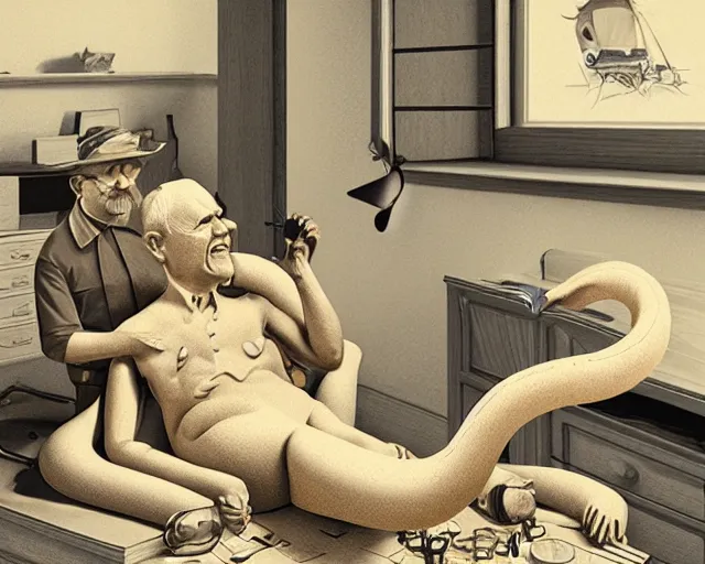 Image similar to the famous snake oil salesman Uncle Aloysius curing a patient of 🐻, painting by Grant Wood, 3D rendering by Beeple, sketch by R. Crumb