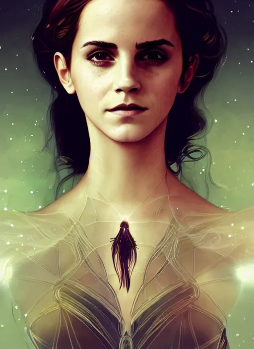 Image similar to emma watson as magic healer celestial, long hair, black and transparent cloth, space, D&D, shiny background, intricate, elegant, highly detailed, digital painting, artstation, concept art, smooth, sharp focus, illustration, artgerm, bouguereau