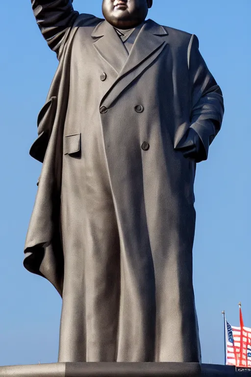 Image similar to a gigantic statue of kim jong un standing on the united states liberty island, symmetry, awesome exposition, very detailed, highly accurate, 8 k