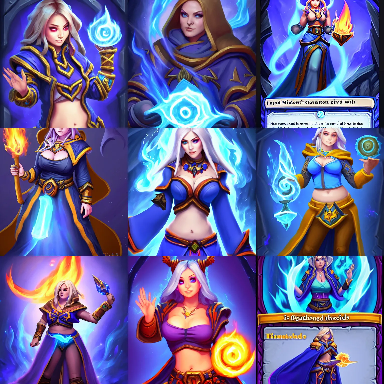 Prompt: ATTENTION : tinyest midriff ever, largest haunches ever, fullest body, small head, SFW huge breasts; Who : a female mage with a blue robe casting a fire spell; ATTENTION : Hearthstone official splash art, SFW, perfect master piece, award winning