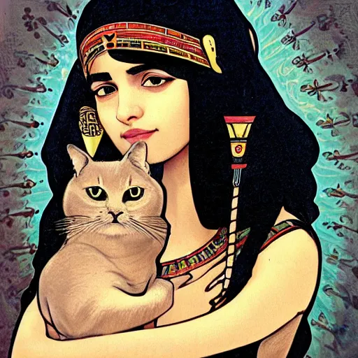 Image similar to cute emo egyptian woman, with long dark hair, thick eyebrows!!! dark eyes and dark circles!, wide nose!!!, big eyes, oval face shape, big cheeks!, she is holding a cat in her arms, by juan villafuerte, greg rutkowski and alphonse mucha, pexels contest winner, high quality photo, hd rtx