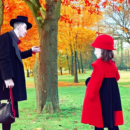 Prompt: A thin man in a black coat and bowler hat talks with small girl who is dressed in a red coat and a red hat, park, autumn, oil painting style, wide angle, high detail, width 768