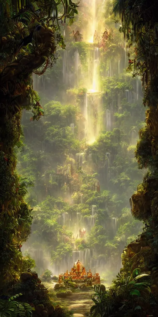 Prompt: Detailed Interior of the Tropical Jungle Monastery Ruins, Waterfall walls, lush vegetation, flock of birds, the glowing throne, stunning atmosphere, in Style of Peter Mohrbacher, cinematic lighting
