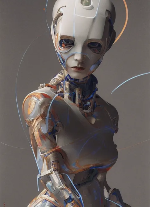 Image similar to portrait of a futuristic geisha cyborg, thick brush strokes, in the style of ghost in the shell, kintsugi, modern fine art, fractal, intricate, elegant, highly detailed, digital photography, subsurface scattering, by jheronimus bosch and greg rutkowski,