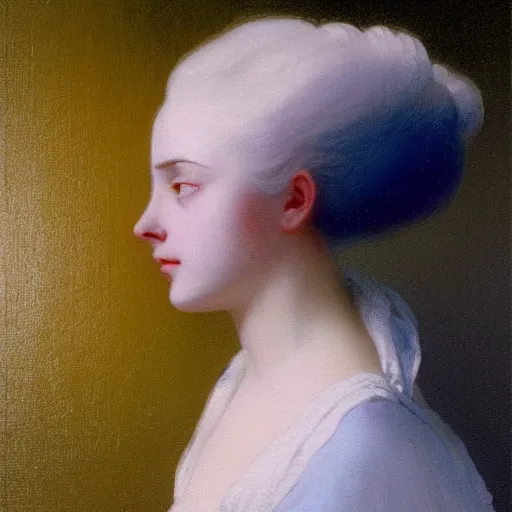 Image similar to young woman's face, her hair is white and she wears a cobalt blue duchesse satin cloak, by ivan aivazovsky and syd mead and moebius and roger dean and aelbert cuyp and willem claesz and pieter claesz and paul delaroche and alma tadema, hyperrealistic, volumetric light, octane