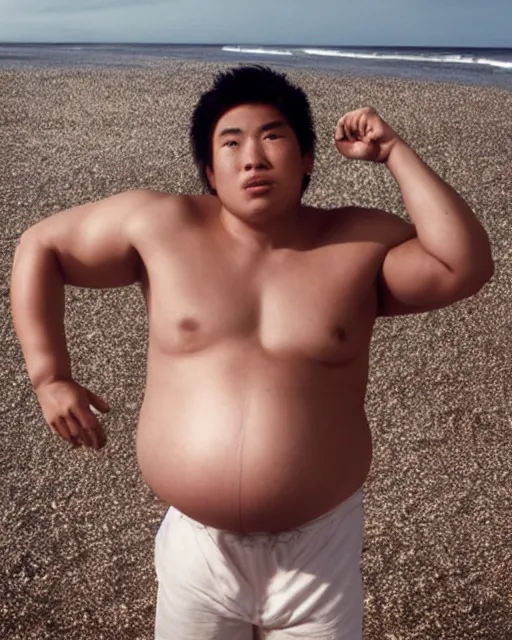 Prompt: photo of a heavily pregnant cute young asian male protagonist, big belly, exposed belly, muscular, on the beach, photo by annie leibovitz