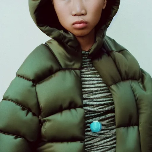 Image similar to realistic photoshooting for a new balenciaga lookbook, color film photography, portrait of a blonde asian woman, model wearing a puffer jacket, photo in style of tyler mitchell, 3 5 mm,