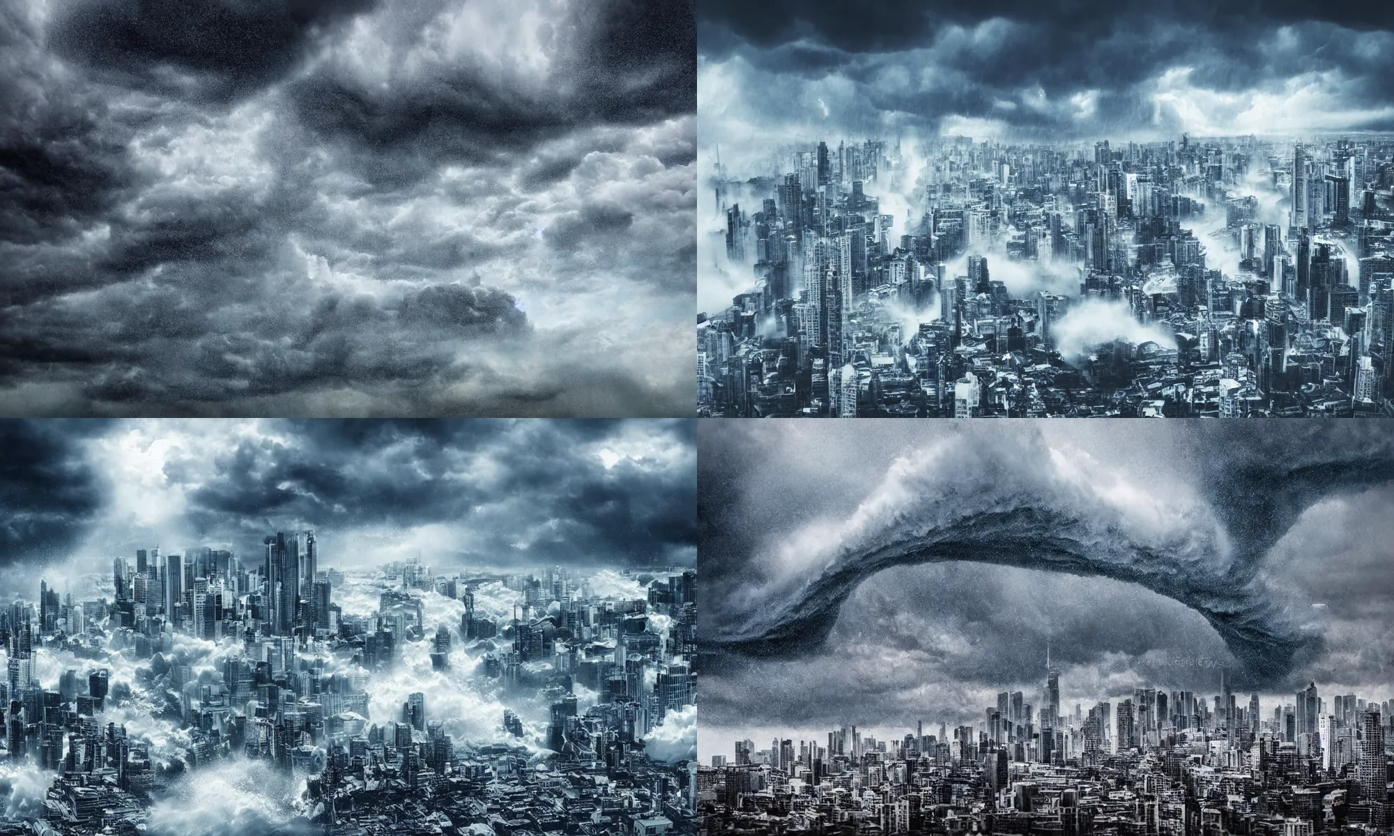 Prompt: giant tsunami wave hitting the big cityscape apocalypse weather, skyscrapers, many buildings, the end, stormy weather, storm, raining, highly detailed, photorealistic, sharp focus, high speed photography, detailed