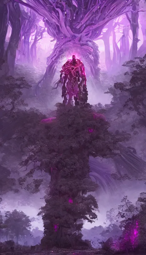 Prompt: a future scifi ancient god on the middle of a purple forest holding a portal that's about to explode, abandoned city with graffiti, sweat drops, insane, intricate, highly detailed, oil painting, smooth, sharp focus, Unreal Engine 5, 8K, art by Diego Velázquez