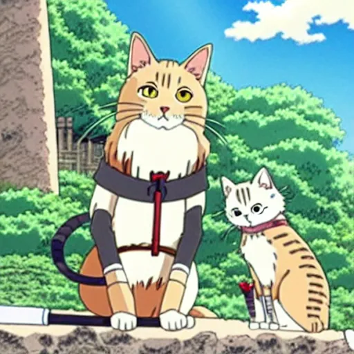 Prompt: anime key visual of hayao miyazaki studio ghibli, short - hair tabby cat wearing samurai armor