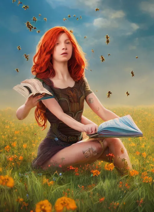 Prompt: An epic fantasy comic book style portrait painting of a young red headed girl reading a book in a field of flowers surrounded by bees, unreal 5, DAZ, hyperrealistic, octane render, cosplay, RPG portrait, dynamic lighting