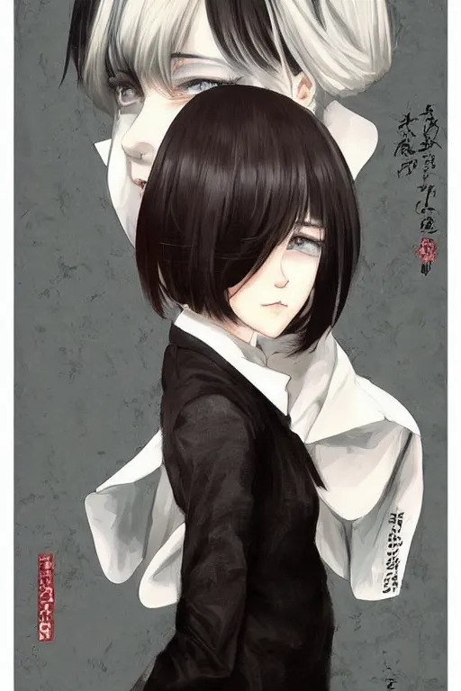 Image similar to manga girl with a very stylish coat by krenz cushart, black medium length Dutch bob cut hair with straight bangs, poster