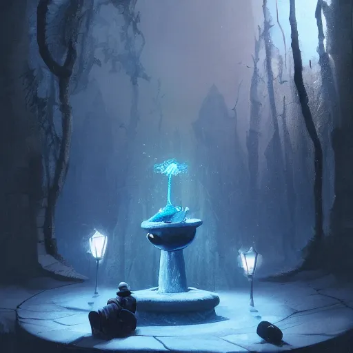 Image similar to papa smurf drinking from the fountain of knowledge in a midwinter night dream, dramatic lighting, cinematic, establishing shot, extremely high detail, photo realistic, cinematic lighting, post processed, concept art, artstation, matte painting, style by eddie mendoza, raphael lacoste, alex ross