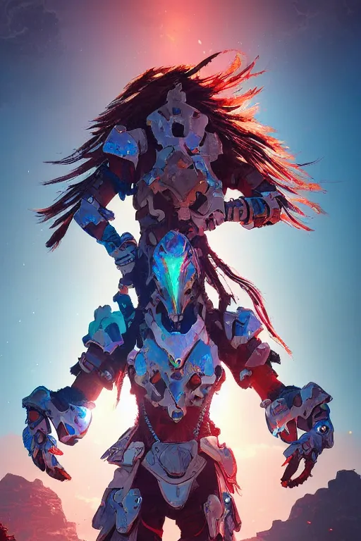 Image similar to combination suit armor aloy horizon forbidden west horizon zero dawn radiating a glowing aura global illumination ray tracing hdr fanart arstation by ian pesty and alena aenami artworks in 4 k tribal robot ninja mask helmet backpack