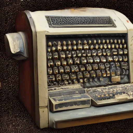 Prompt: ancient computer, the last cyber artifact, ornate, cyber, sold at auction at Christie\'s