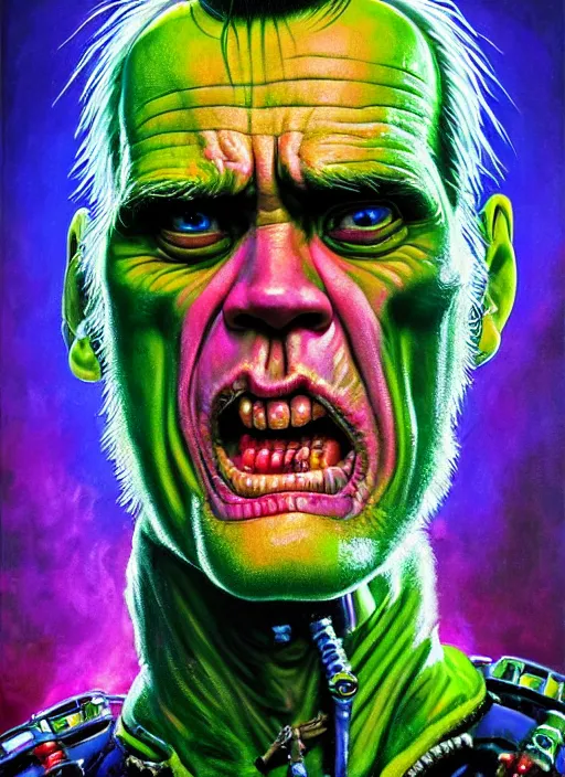 Prompt: jim carrey as an apocalyptic scifi orcish biker character, psychedelic vibrant colors, futuristic punk rock fashion, oil painting by michael whelan art, perfect face, sharp focus, detailed eyes, realistic, 8 k