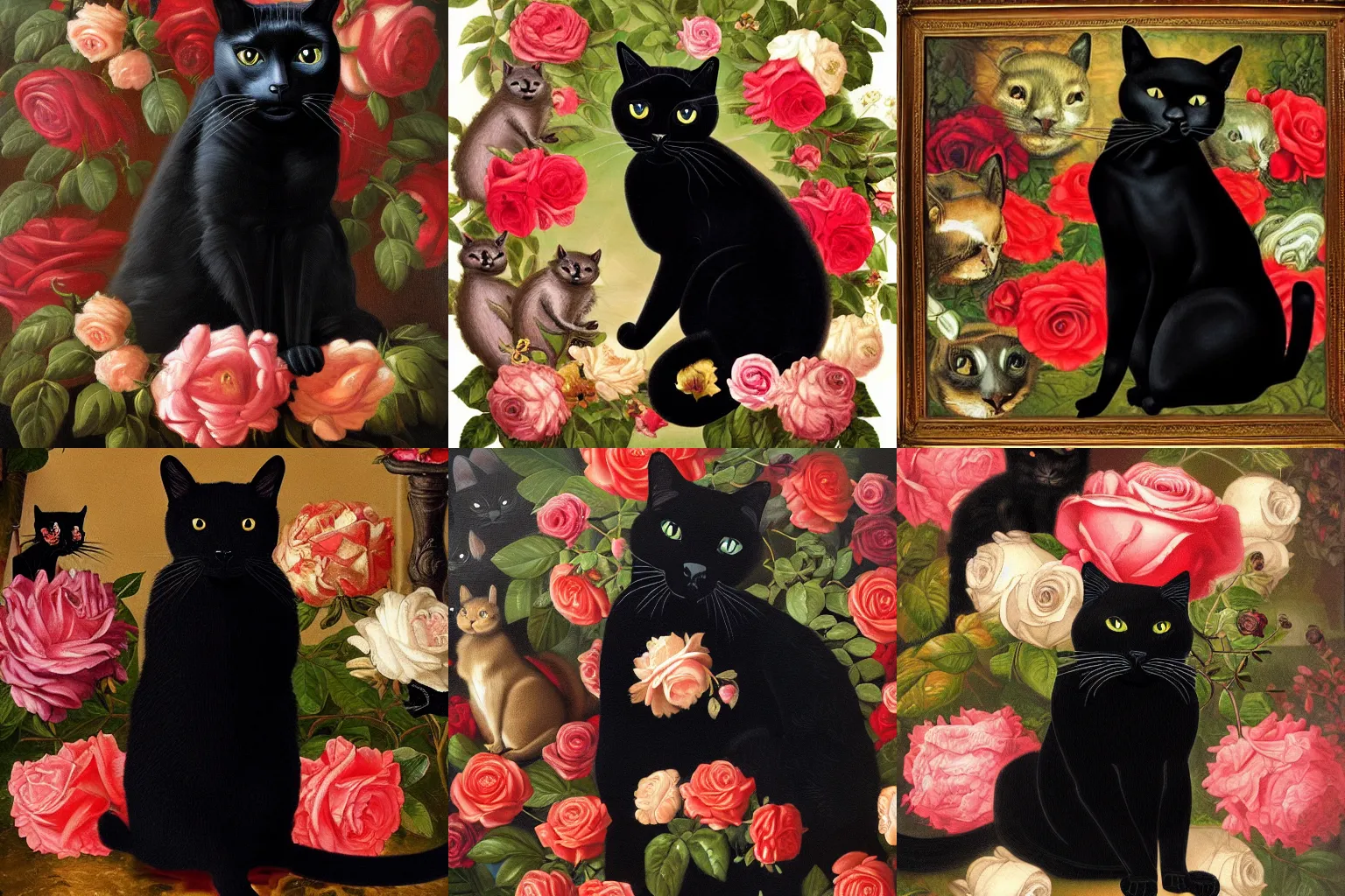 Prompt: Baroque portrait of an black cat surrounded by a lot of squirrels and roses. Highly detailed, anatomically correct, dramatic lighting, oil paint on canvas