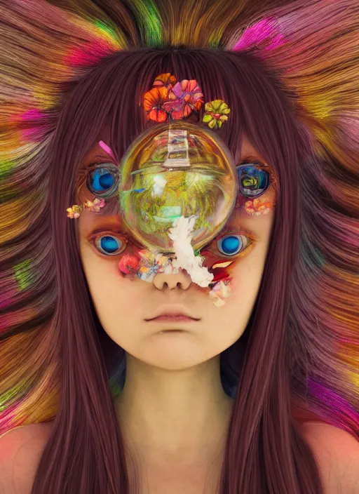 Prompt: recursive image with a girl looking at flower, large eyes, her long hair flowing, surreal, oil pastels and gold, in the style of katsuhiro otomo, modeled in poser, redshift render, uhd