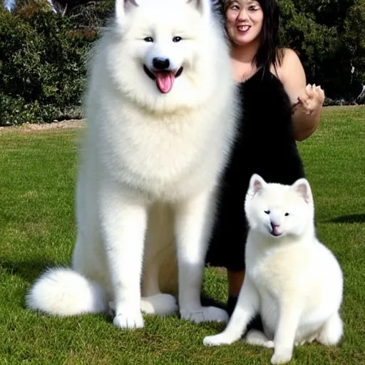 Image similar to A photo of a Samoyed dog with its tongue out hugging a white Siamese cat