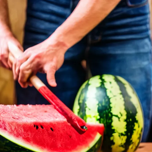 Prompt: watermelon being smashed by a sledgehammer, close up, dslr photo