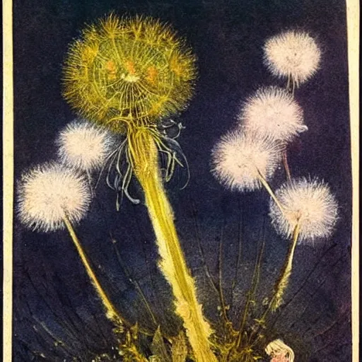 Image similar to a beautiful fairytale painting of a dandelion seed that is also a fluffy fairy. the dandelion seed is the body of the fairy. beautiful clear painting by arthur rackham