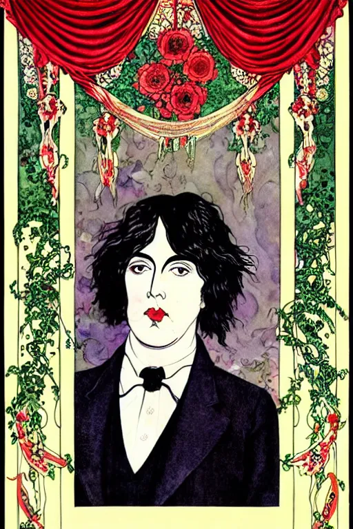 Prompt: realistic portrait of oscar wilde in the center of an ornate red curtain frame with skulls and flowers, detailed art by kay nielsen and walter crane, illustration style, watercolor