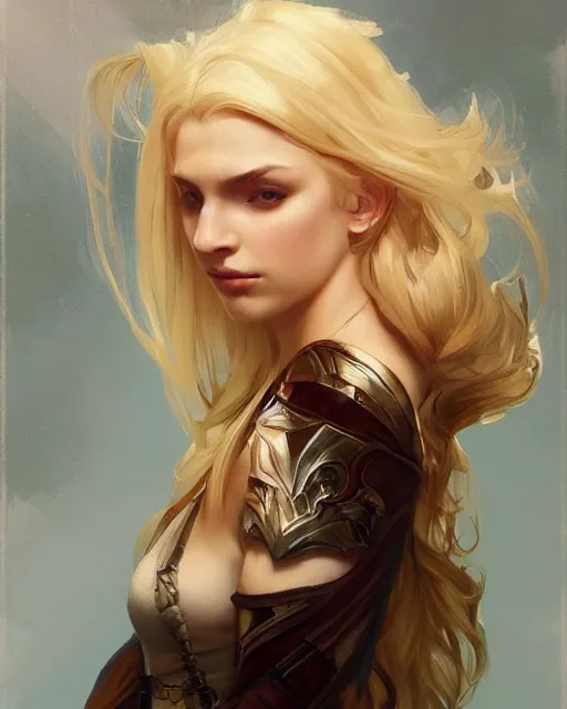 Image similar to '' Portrait of Beautiful blonde Slavic woman, league of legends, LOL, fantasy, d&d, digital painting, artstation, concept art, sharp focus, illustration, art by greg rutkowski and alphonse mucha ''