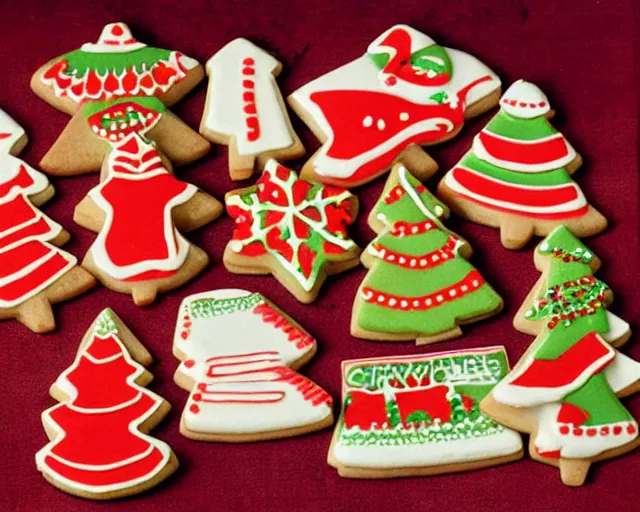 Image similar to 1970's cookbook color photograph of Christmas cookies sharp detail high detail