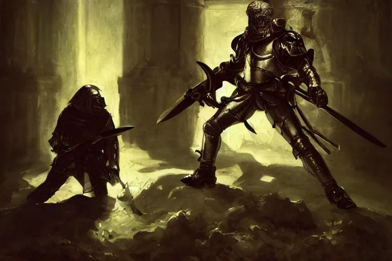 Image similar to portrait, realistic painting image about a templar knight has a chainsaw, versus a monster. dramatic scene, horror, dramatic lighting realism, created by gustave courbet and michaelangelo, trending in artstation, fine art, smooth draw with oil painting.