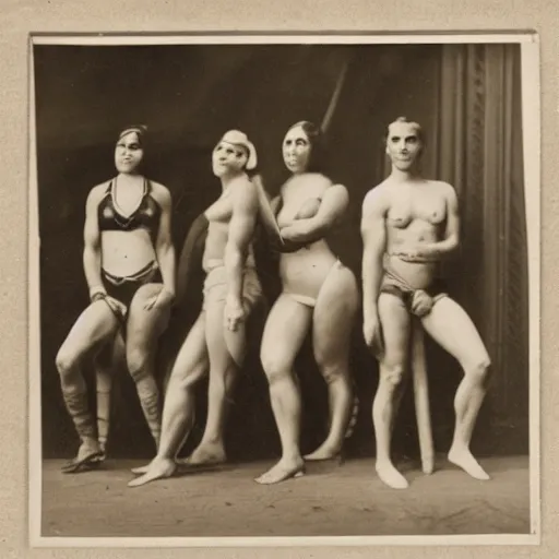 Prompt: muscular Amazonian women and smaller, frailer men, 1920s photography