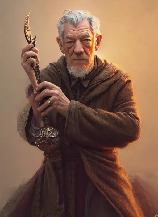 Prompt: ian mckellen as oscar diggs, intricate, d & d, wizard, fantasy, art nouveau, digital painting, trending on artstation, sharp focus, wide shot, illustration, global illumination, ray tracing, art by artgerm and greg rutkowski and ruan jia