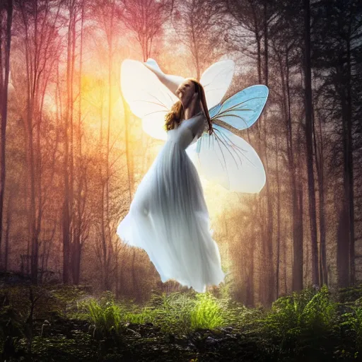 Image similar to a very detailed, high definition, dreamful, faceless, beatiful, female fairy wearing a translucent, white dress levitating in the air in a thickly vegetated forest in a wonderful fantasy world, dreamlike light incidence, surrounded by many fairies, during sunset, art style, award winning picture