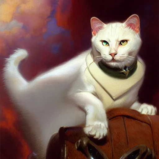 Image similar to a portrait of a manly white cat feline, blue eyes, star trek the next generation. highly detailed painting by gaston bussiere, craig mullins, j. c. leyendecker, furry