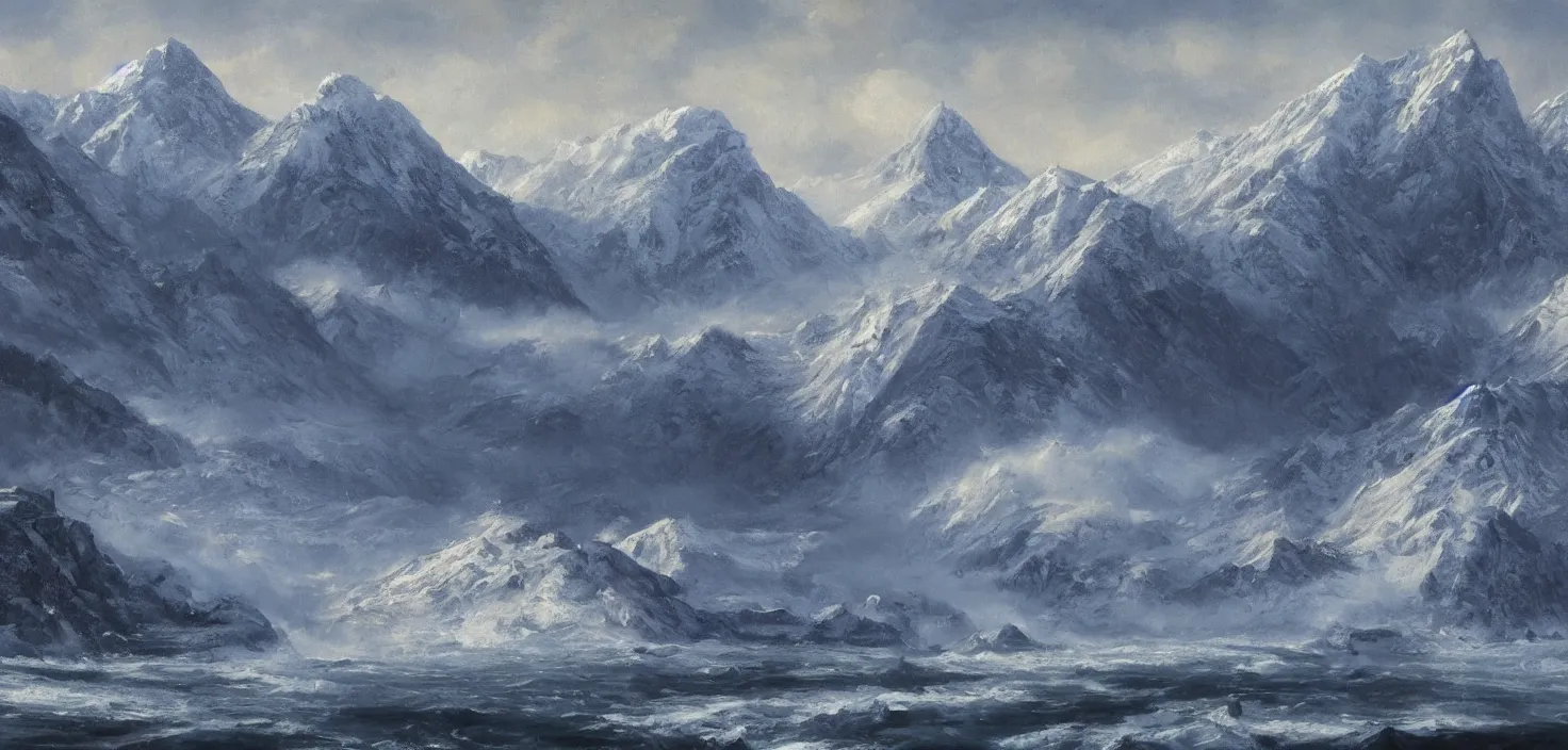 Image similar to detailed Photorealistic oil painting of an epic scene containing A snowy mountain that faces the open water and is blocked off by a large castle