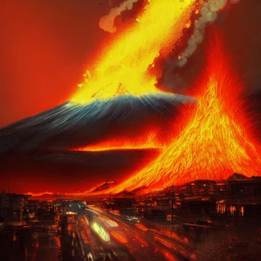 Prompt: > volcano erupting in the distance with lava flowing through the city, at night, by wlop, cozy, death by fire, warm colors, key visual, high detail