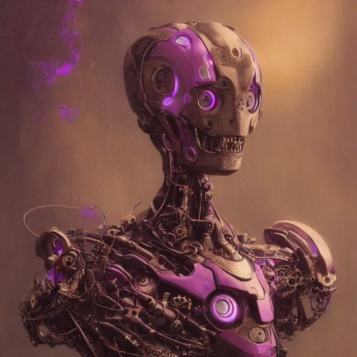 Prompt: portrait of a purple Ultron from Age of Ultron, clockwork steampunk, by Beksinski, 4k, deviantart, trending on artstation,