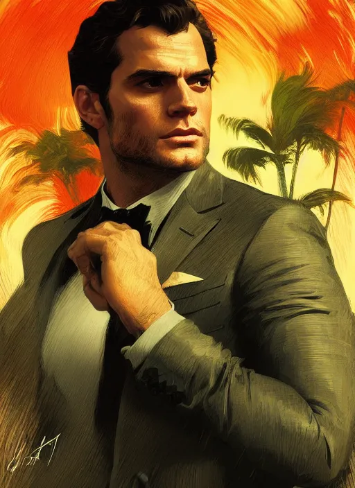 Image similar to portrait of henry cavill as james bond, fire, cold color pallet, key art, palm trees, aston martin, highly detailed, digital painting, artstation, concept art, cinematic lighting, sharp focus, illustration, by gaston bussiere alphonse mucha