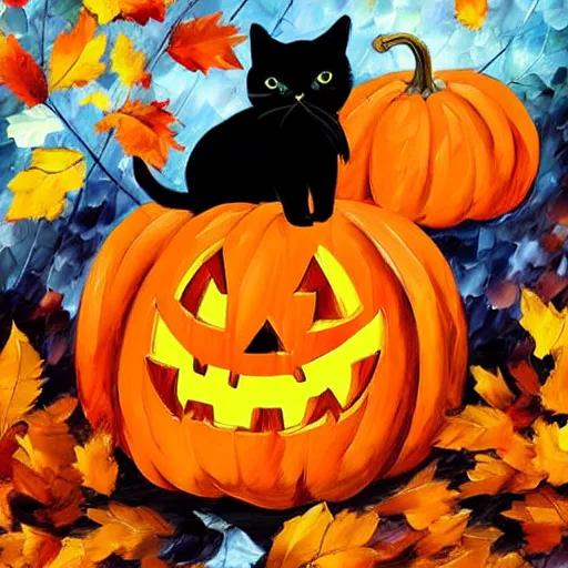 Image similar to black cat sitting on! dream halloween pumpkins in a pile of autumn leaves detailed painting in the style of leonid afremov 4 k