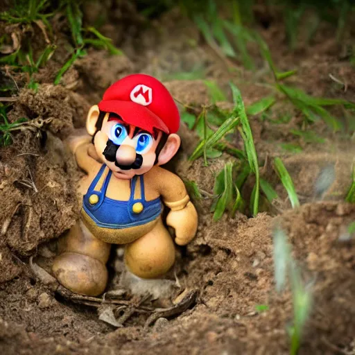 Image similar to super mario in vietnam war trenches, dirty, muddy, violent, sharp focus, hyper realistic, sony 5 0 mm lens