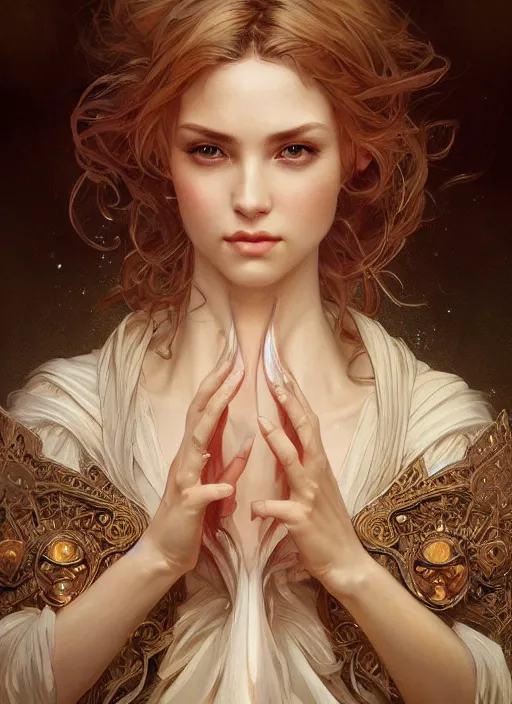 Image similar to close up portrait of beautiful angel, d & d, face, fantasy, intricate, elegant, highly detailed, digital painting, artstation, concept art, smooth, sharp focus, illustration, art by artgerm and greg rutkowski and alphonse mucha