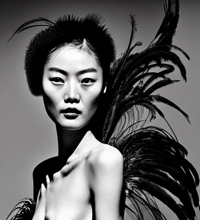 Image similar to photography film noir scene portrait starring liu wen, natural background, backlight lighting, natural fragile pose, great _ hairstyle, wearing stunning dress with feathers by iris van herpen, with a colorfull makeup. highly detailed, skin grain detail, photography by paolo roversi, amano, nick knight, helmut newton, avedon, araki
