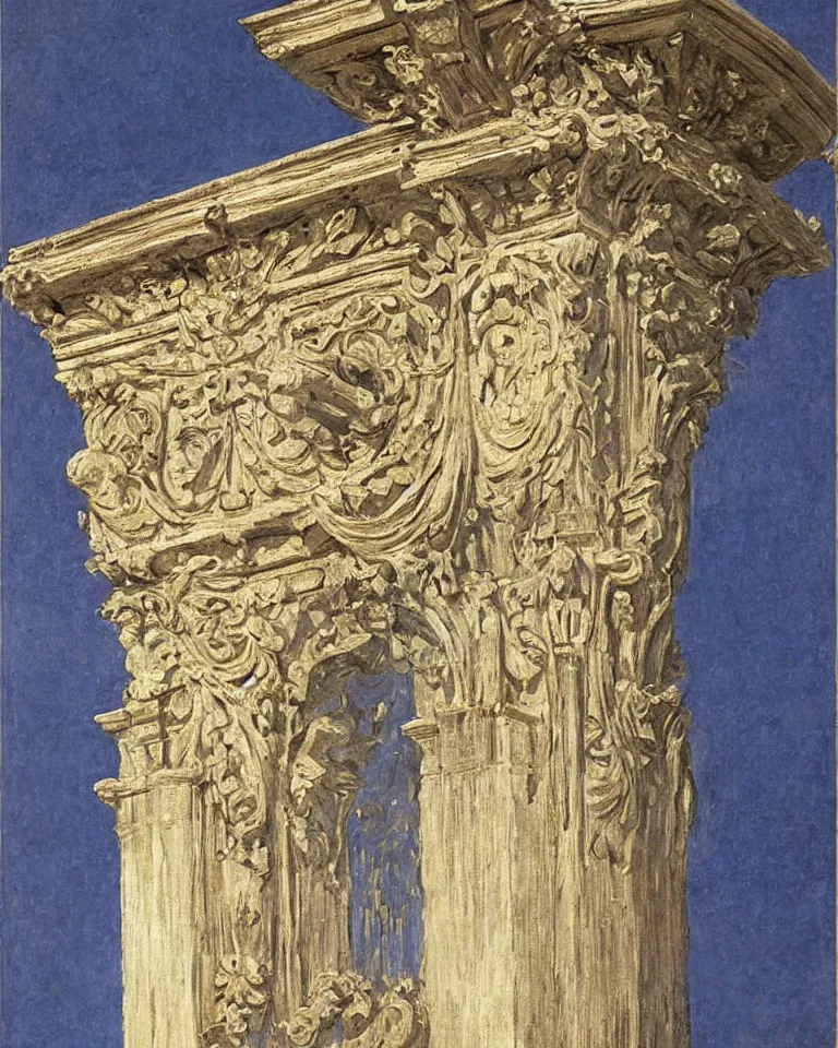 Image similar to achingly beautiful painting of intricate ancient roman corinthian capital on sapphire background by rene magritte, monet, and turner. giovanni battista piranesi.